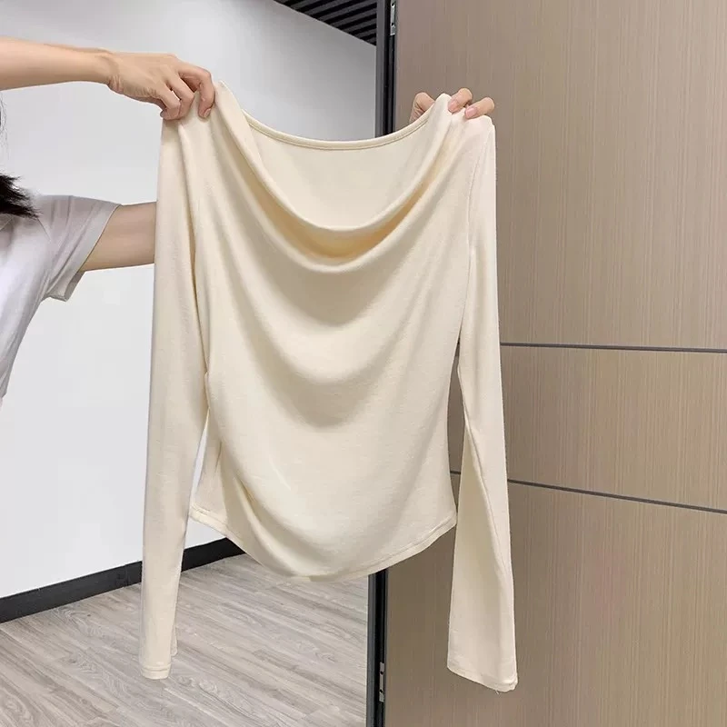 露肩性感荡领秋冬针织衫女甜妹设计感褶皱收腰修身秋冬一字肩上衣