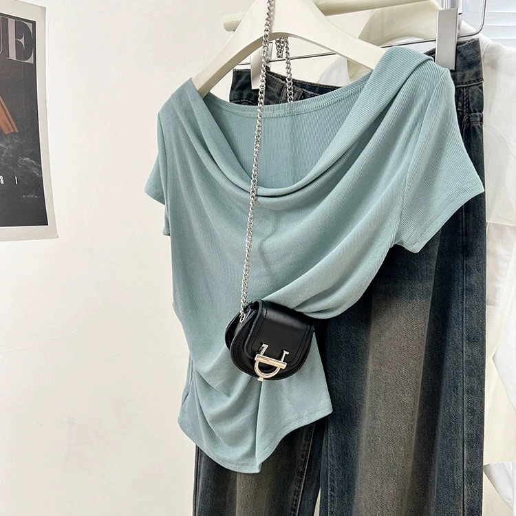 绿色螺纹棉不规则荡领短袖t恤女夏季设计感小众短款上衣2024新款