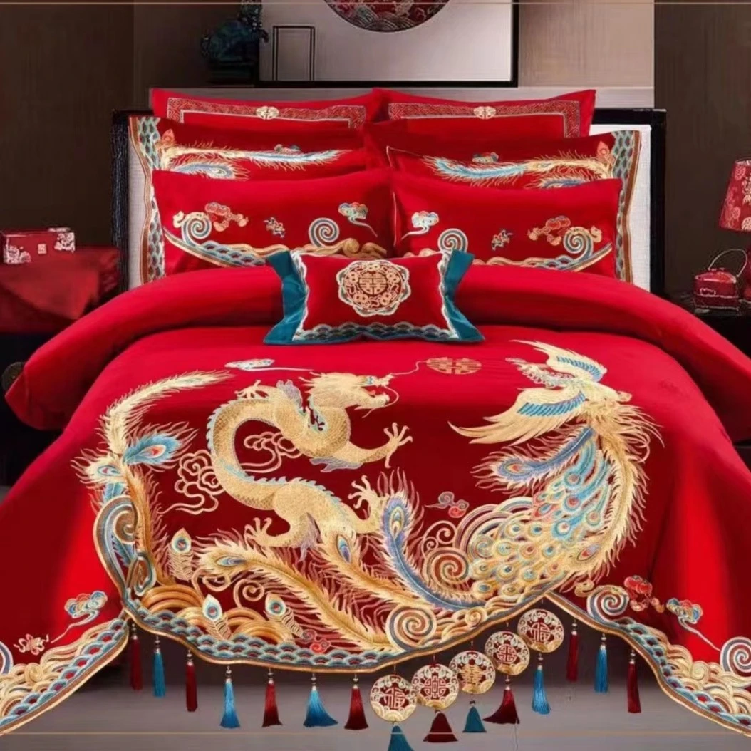 重工刺绣高端新婚庆四件套长绒棉大红结婚备婚龙凤百子全棉床品套