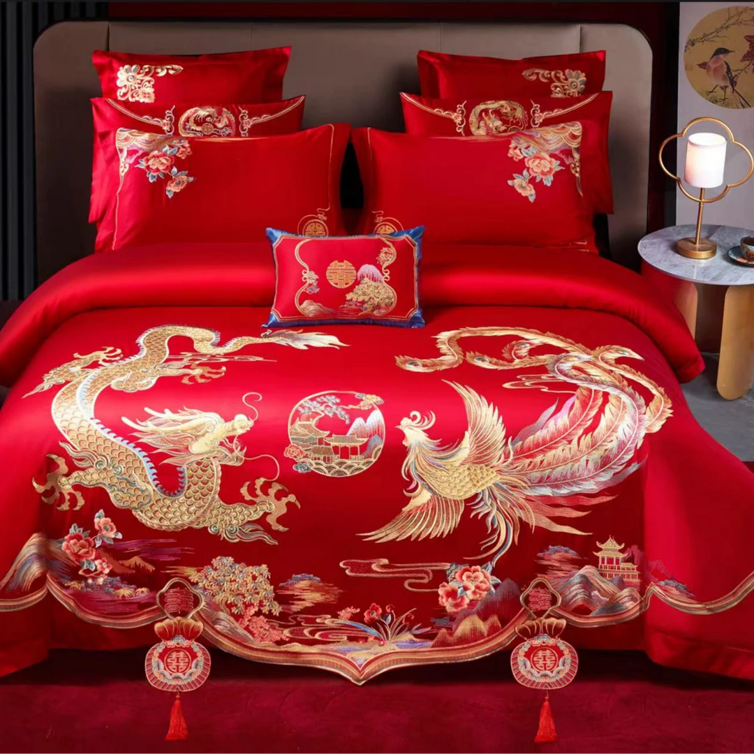 龙凤情缘长绒棉刺绣花婚庆四件套龙凤呈祥大红新婚主卧被子四件套