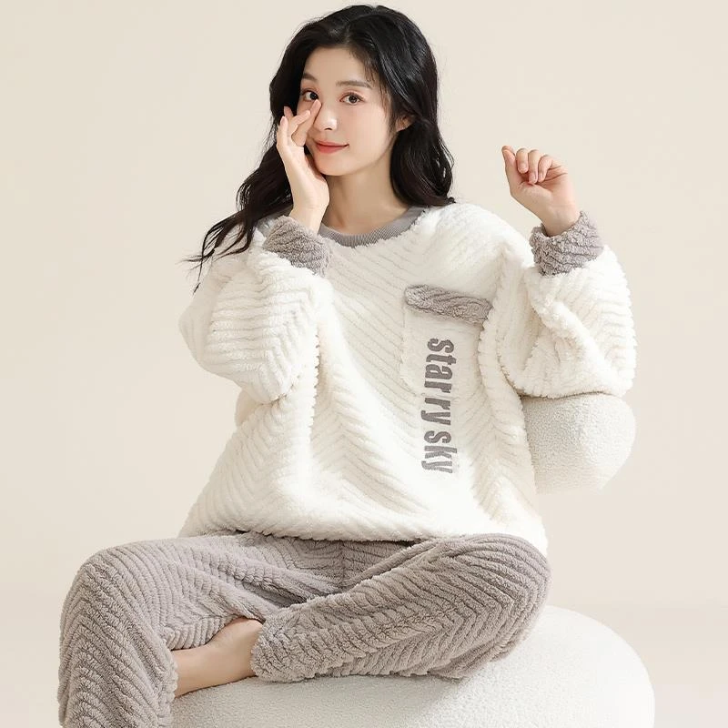 2023新款珊瑚绒睡衣女士秋冬季加厚保暖加绒冬天法兰绒家居服套装