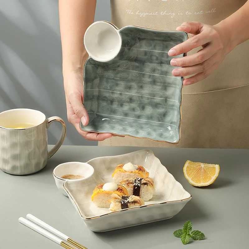 饺子盘子带醋碟陶瓷点心盘寿司盘托盘轻奢网红餐盘创意水饺专用盘