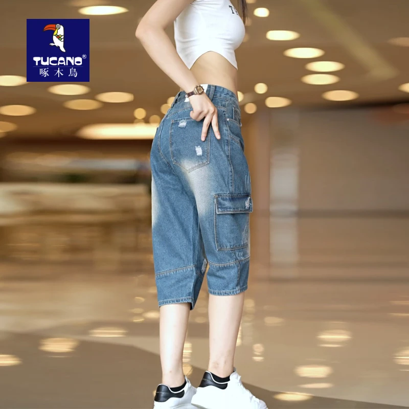 啄木鸟美式复古潮流百搭休闲痞帅水洗宽松破洞七分男士直筒牛仔裤