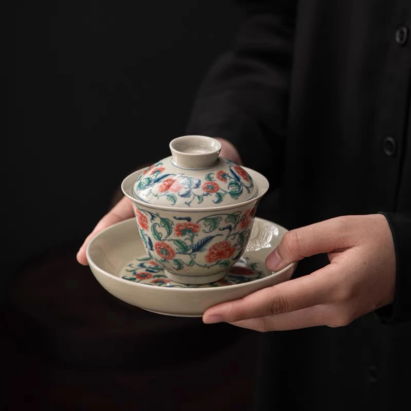 小号手工青花釉里红复古牡丹三才盖碗茶功夫茶具茶杯敬茶碗缠枝莲