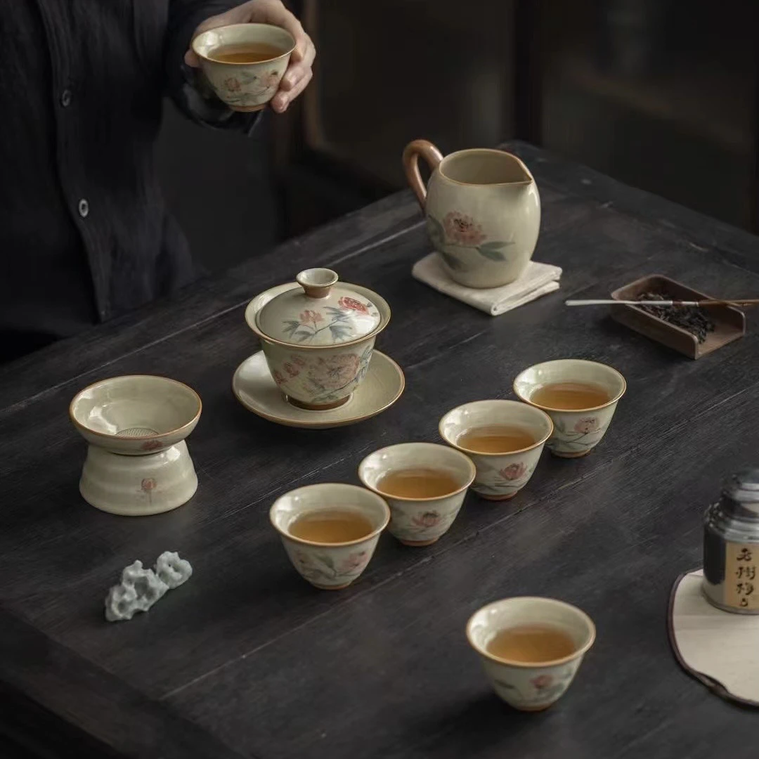 釉下彩原矿豆黄汝窑盖碗套装复古陶瓷手绘海棠花茶具套装高端汝窑