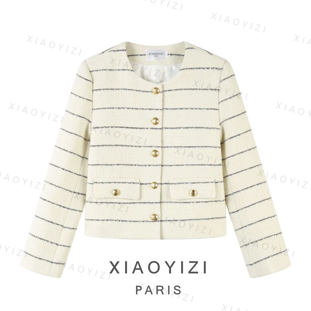 XYZ STUDIO 热纳港口 新款百搭黑白条纹粗花呢小香风上衣女外套