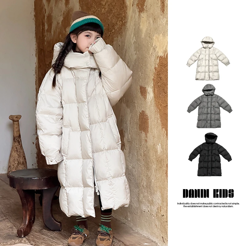 【嗒囜】中大童冬季防跑绒连帽萌娃羽绒服过膝长款保暖连帽加厚外套