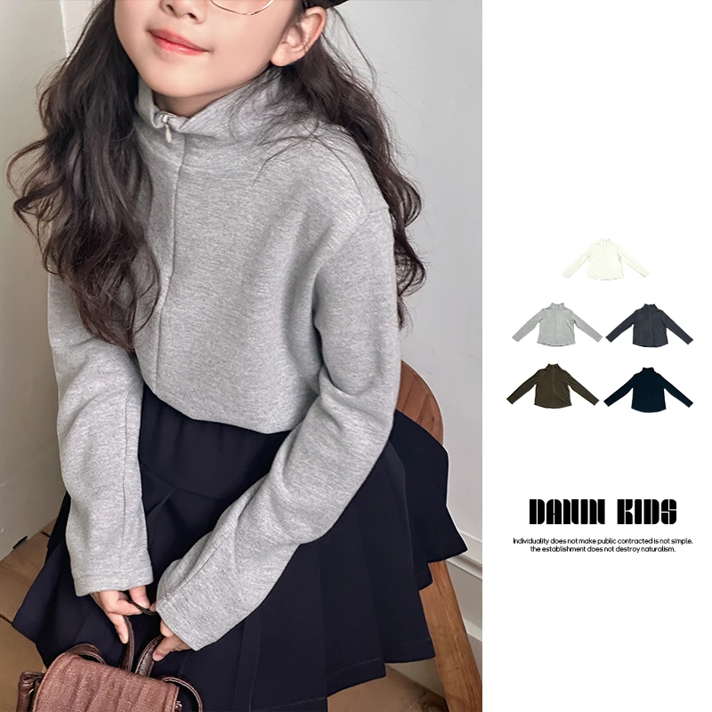 【嗒囜】女童秋冬季纯色半拉链打底绒衫中大童洋气百搭套头保暖上
