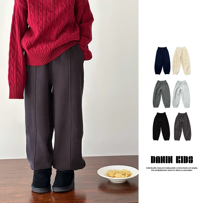 【嗒囜】女童秋冬季宽松百搭阔腿束脚加绒裤子时尚抽绳松紧腰休闲裤