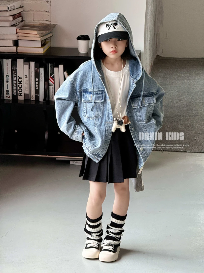【嗒囜】男女童韩版复古潮流长袖连帽牛仔服中大童时尚休闲牛仔外套