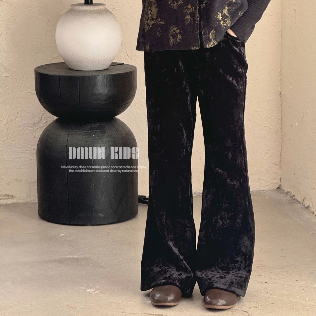 【嗒囜】女童时尚提花金丝绒喇叭裤长裤中大童复古中国风显瘦微喇