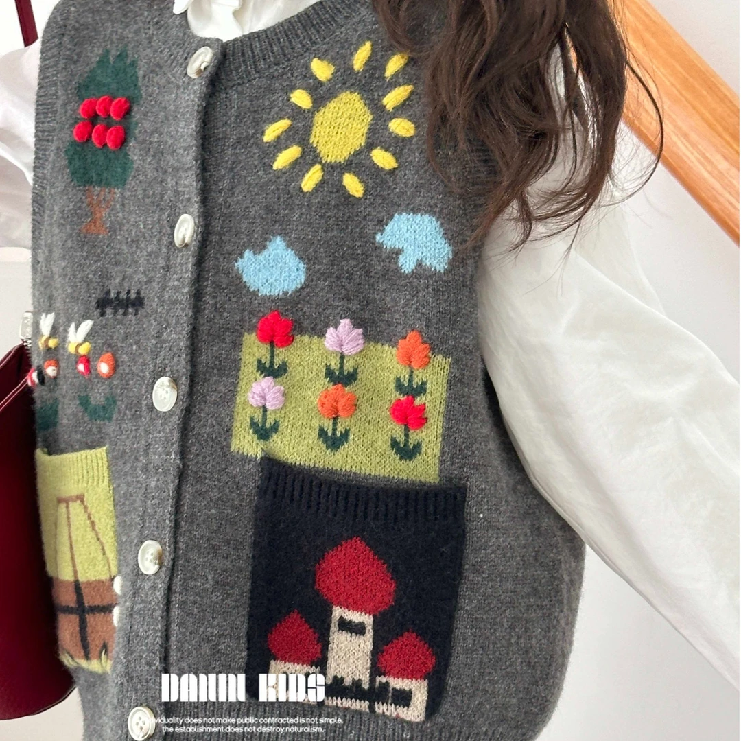 【嗒囜】女童2025春装卡通织花时尚针织衫单排扣外套中大童针织马甲