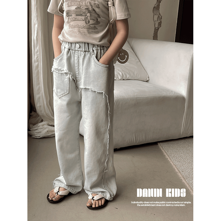 【嗒囜】241566儿童破洞潮流乞丐裤子水洗磨白宽松复古高街牛仔裤