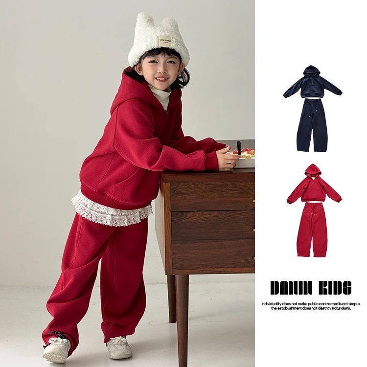 【嗒囜】女童冬季休闲套装中大童加绒长袖卫衣+宽松卫裤两件套套装
