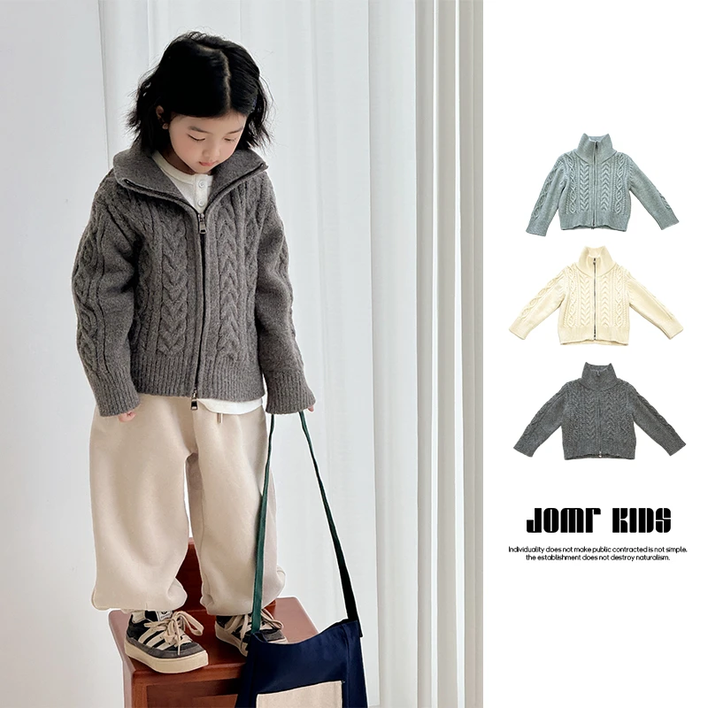 女童韩版秋冬时尚百搭宽松麻花拉链针织衫中小童休闲高领毛衣外套