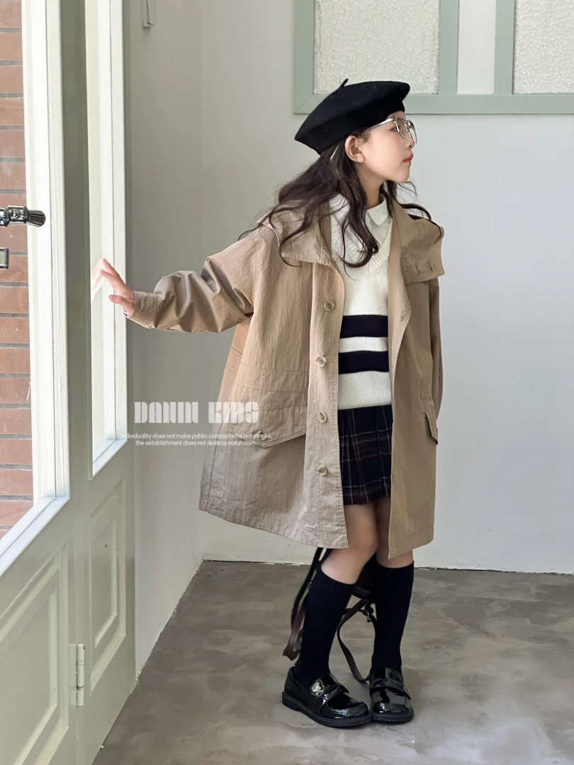 【嗒囜】品质童装时髦男女童春秋季洋气连帽风衣中大童时尚外套长款