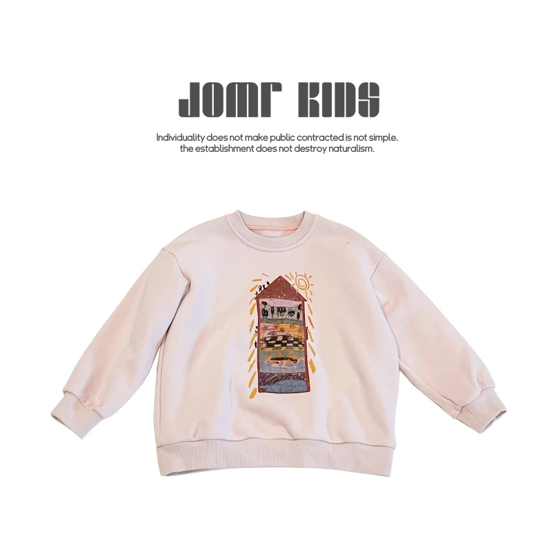 【嗒囜】女童洋气卡通印花长袖卫衣中小童毛圈内里时尚百搭纯色上衣