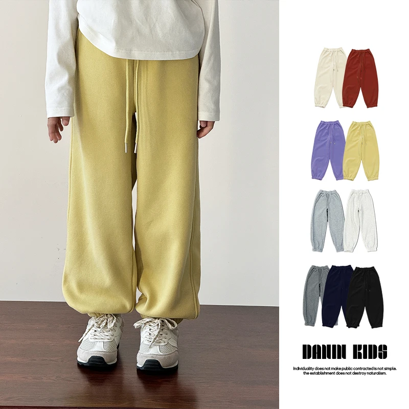 【嗒囜】女童冬季百搭束脚加绒裤子儿童松紧腰休闲裤纯色抽绳长裤