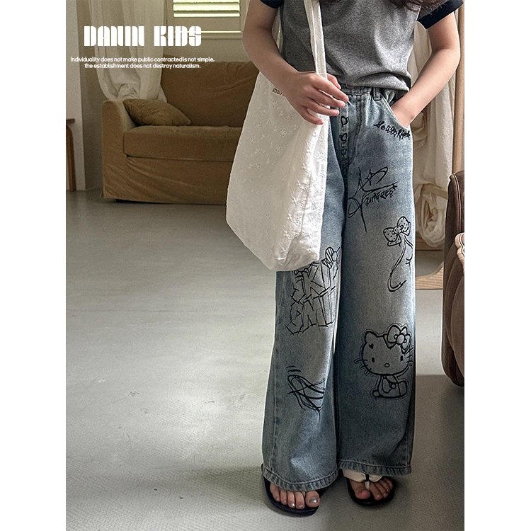 【嗒囜】241579女童时尚涂鸦水洗扎染高街牛仔裤儿童宽松直筒休闲长