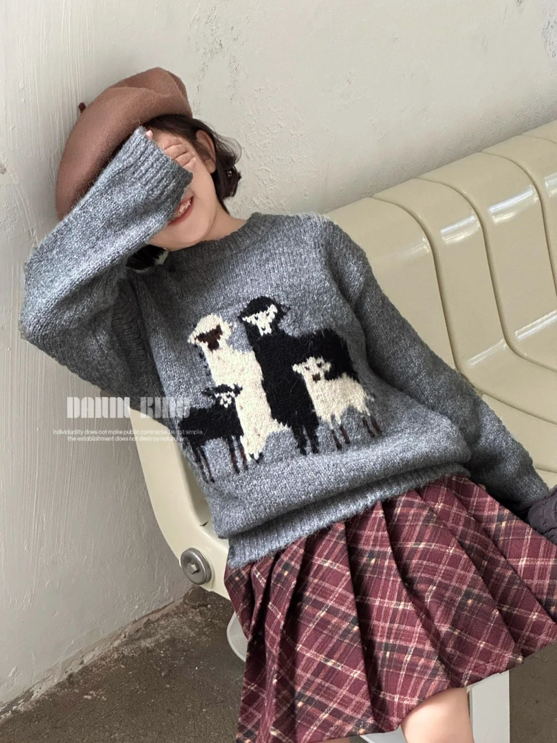 【嗒囜】女童时尚百搭慵懒风针织套头毛衣儿童洋气冬季宽松圆领毛衣