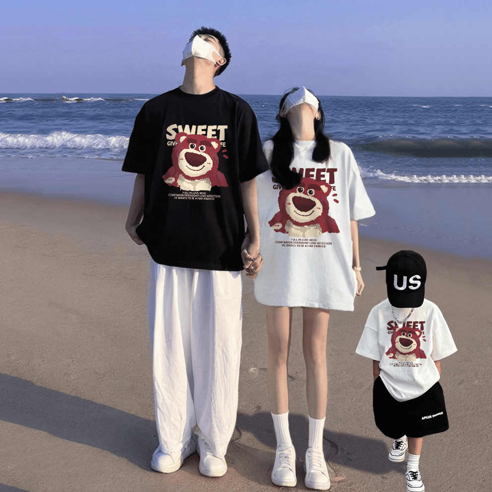 亲子装一家三四口纯棉短袖T恤母女装2024新款草莓熊圆领上衣夏季