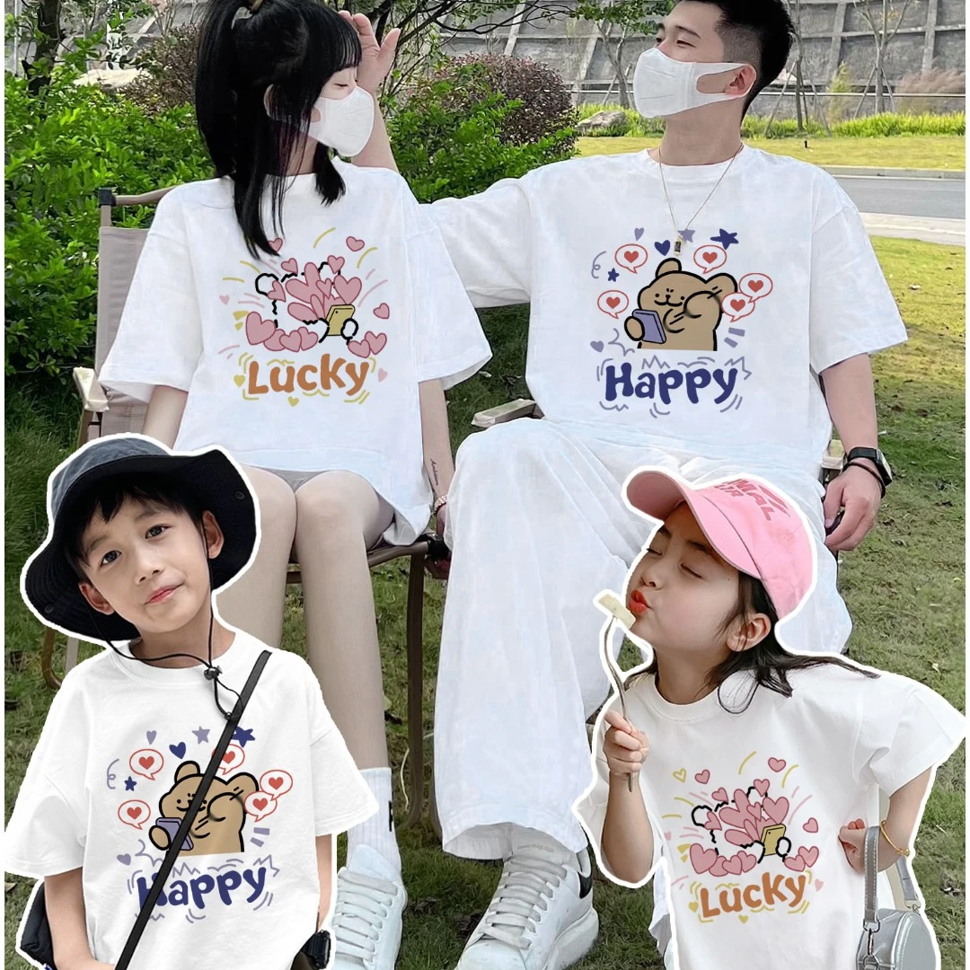 小众设计感可爱亲子装2024夏季一家三四口全家出游短袖T恤棉套装