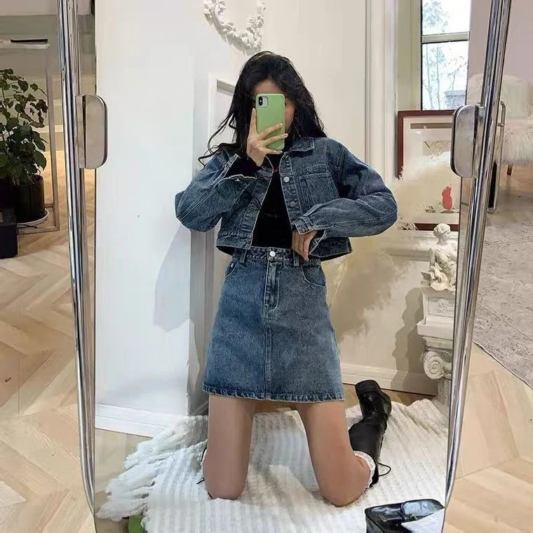 网红爆款学院风牛仔套装女春秋季短款外套+高腰a字半身裙两件套潮