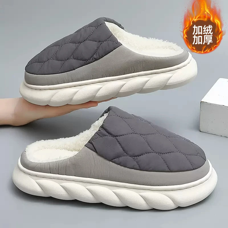 加绒加厚男士棉拖鞋冬季羽绒布防水防滑厚底大码保暖防臭脚拖鞋男