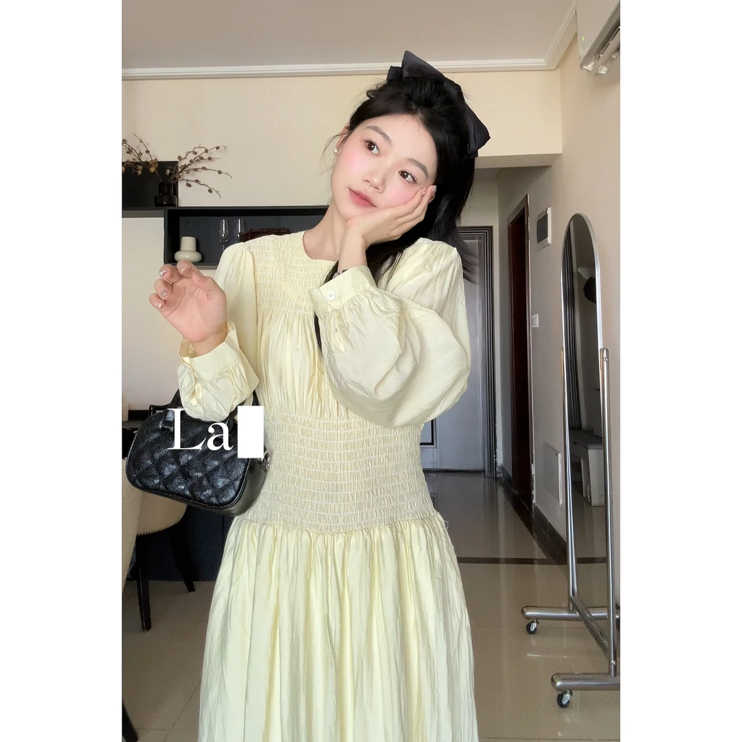 【LAN.LAN】秋季法式温柔气质显瘦重工黄色白色长袖长裙连衣裙
