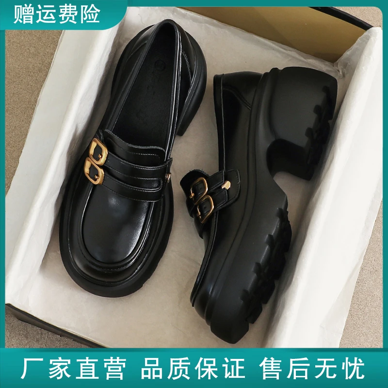 真皮小皮鞋女厚底春秋季英伦风高跟工作33黑色豆豆增高34码乐福鞋