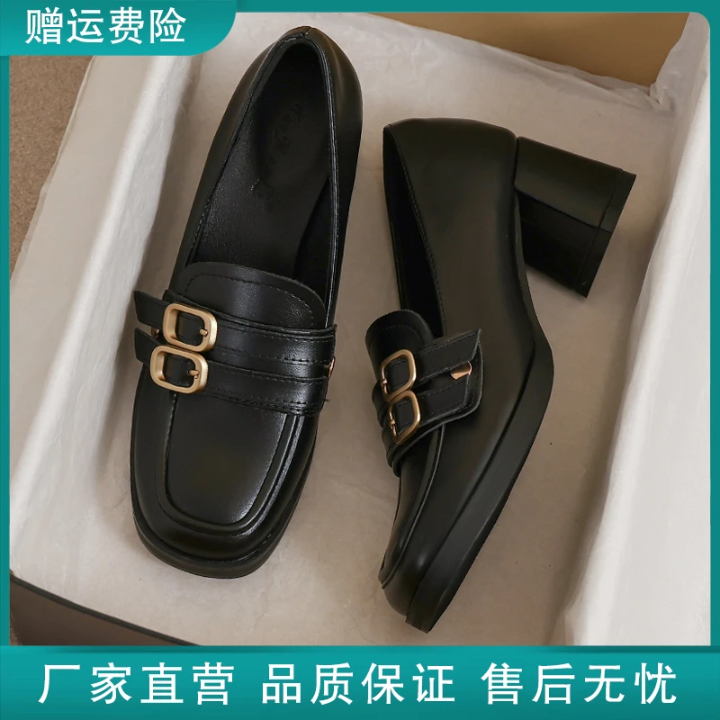 真皮小皮鞋女高跟2025新款春秋英伦风33小黑色百搭34码软底乐福鞋