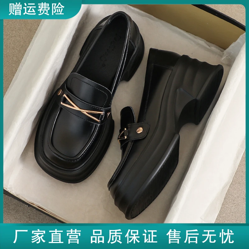 真皮小皮鞋女厚底2025新款春夏季英伦风工作黑色增高乐福34码鞋子