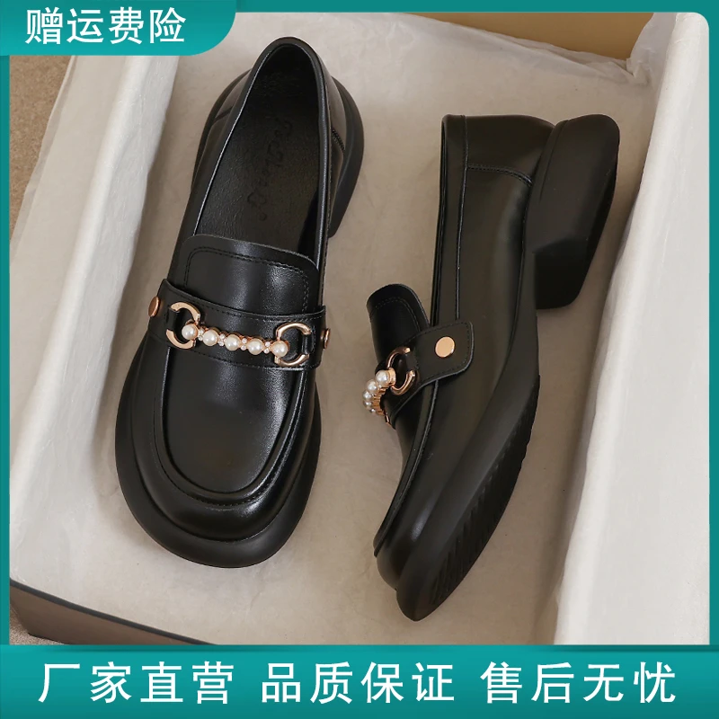 真皮小皮鞋女春秋职业黑色工作英伦风上班平底软底新款乐福豆豆鞋