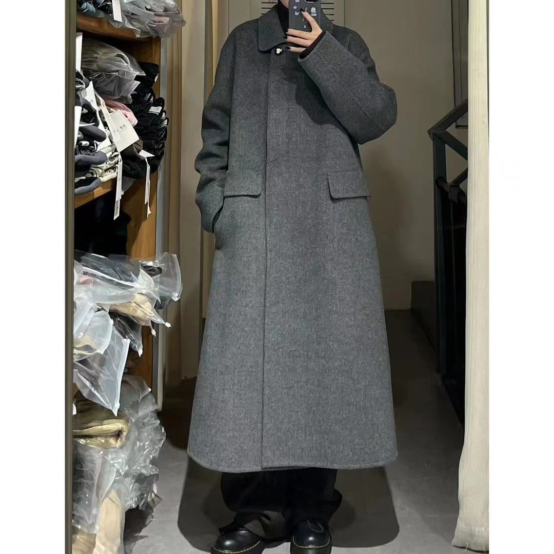 【Yangzipuzi】秋冬极简黑金双排扣小翻领内口袋双面毛呢大衣