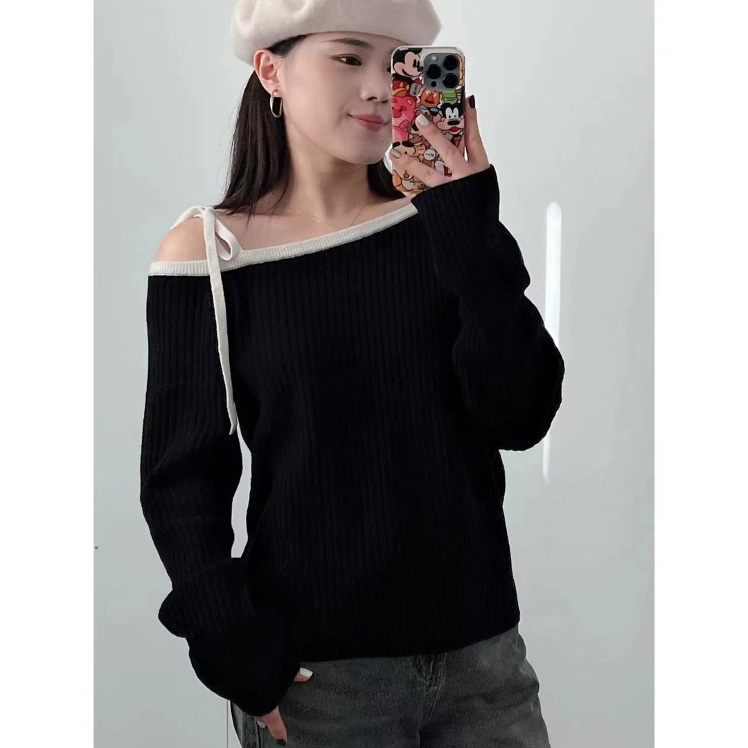 【Yangzipuzi】一字领露肩系带黑白配套头毛衣