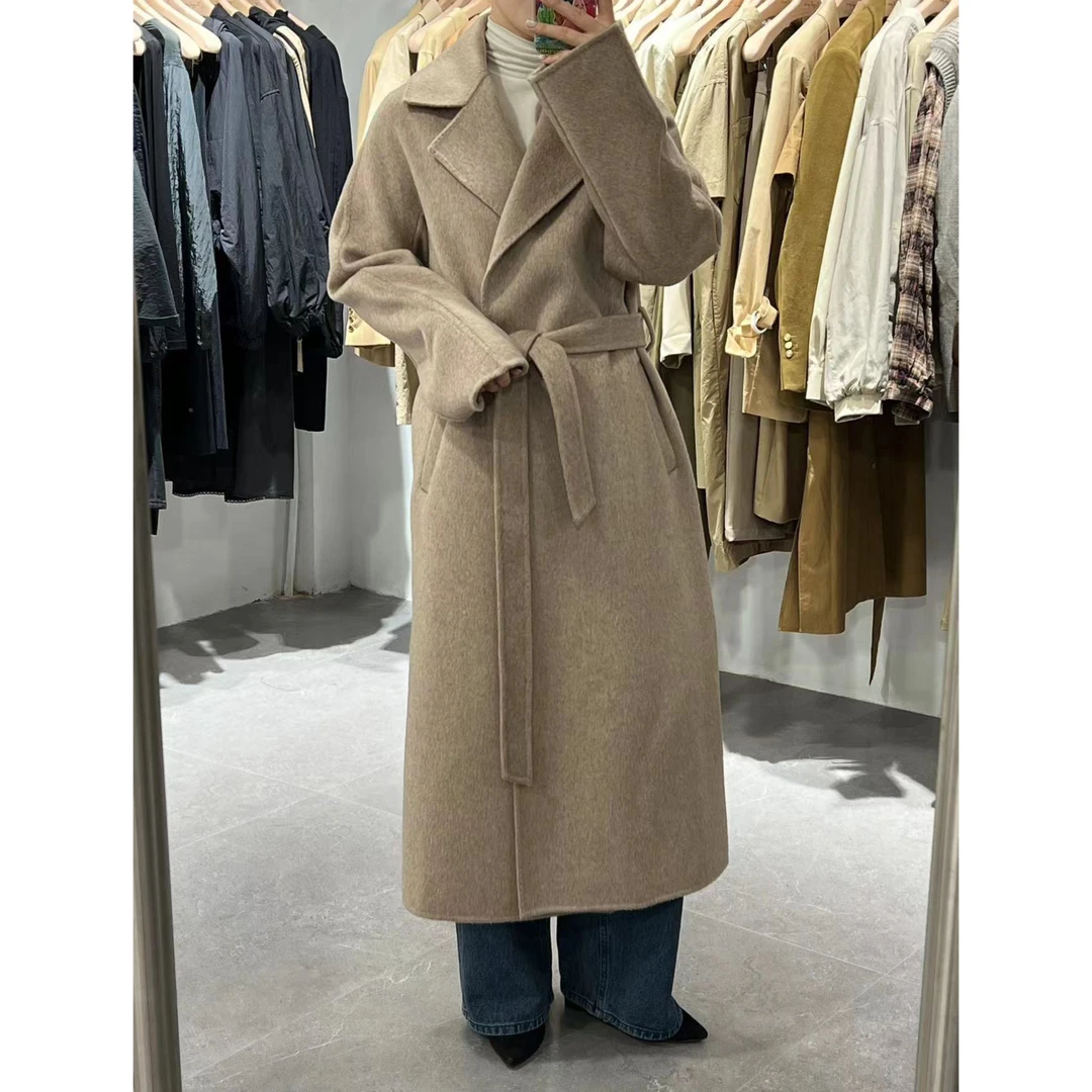 【Yangzipuzi】秋冬气质超长款西装领无扣系腰带双面羊绒大衣