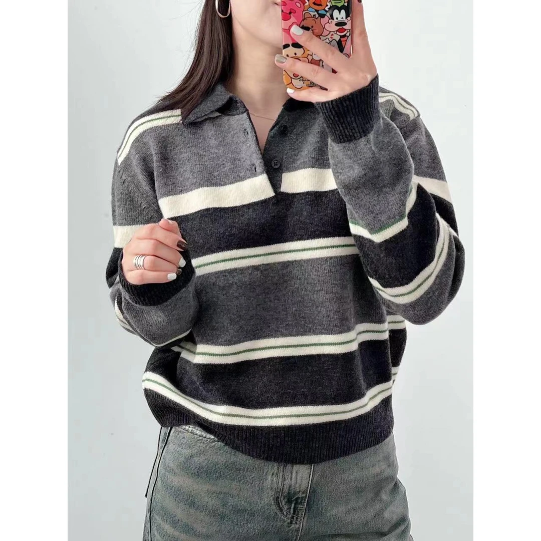 【Yangzipuzi】秋冬POLO领条纹拼色套头毛衣