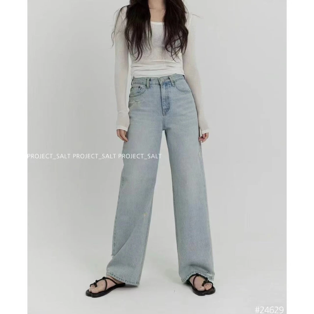 【Yangzipuzi】24春夏高腰浅蓝水洗磨破直筒牛仔裤