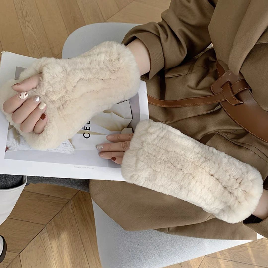 御姿裘｜兔毛弹力露指手套秋冬保暖真毛可爱半指手套女护腕护袖