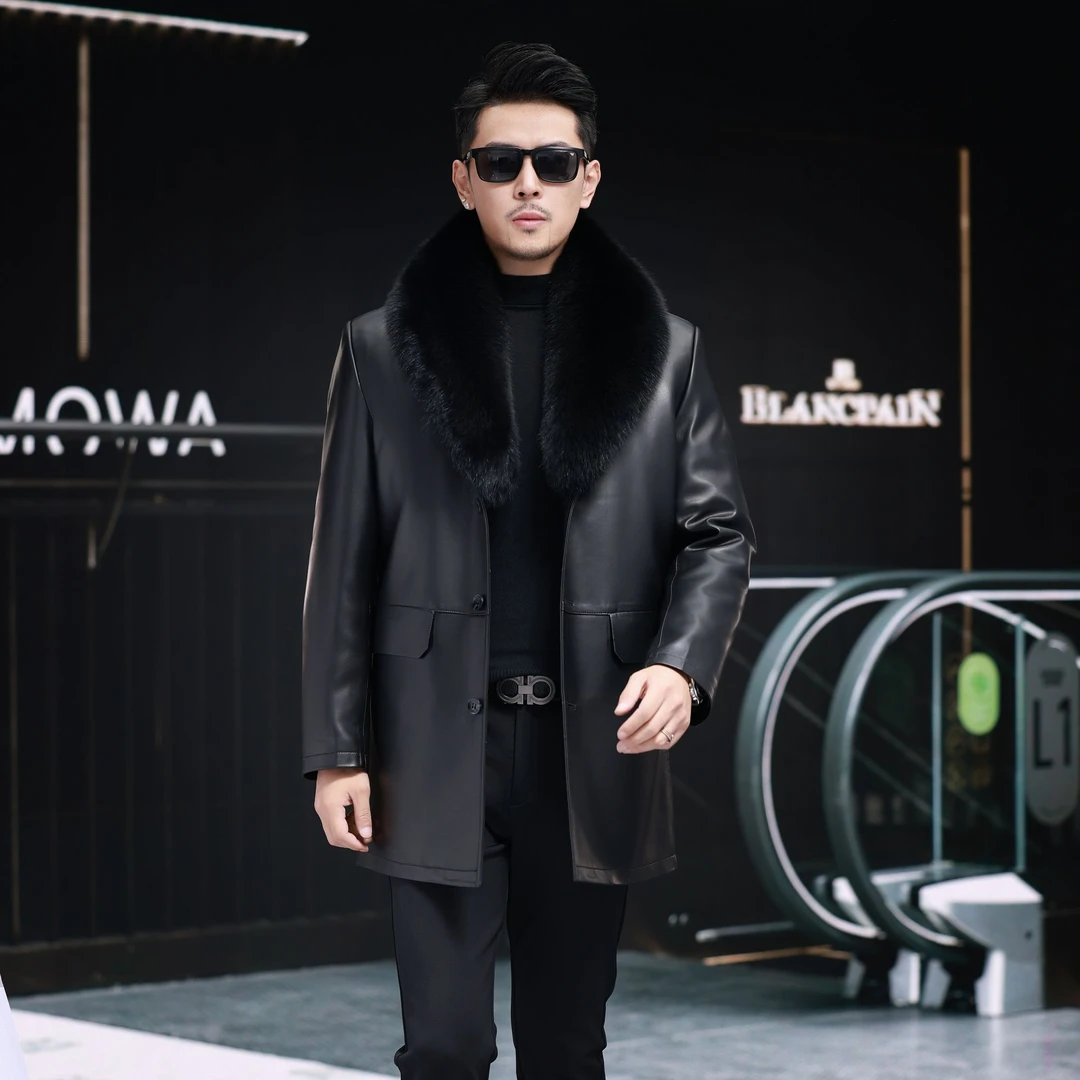 海宁男士绵羊皮真皮皮衣秋冬季高档大毛领加绒中长款休闲中年外套