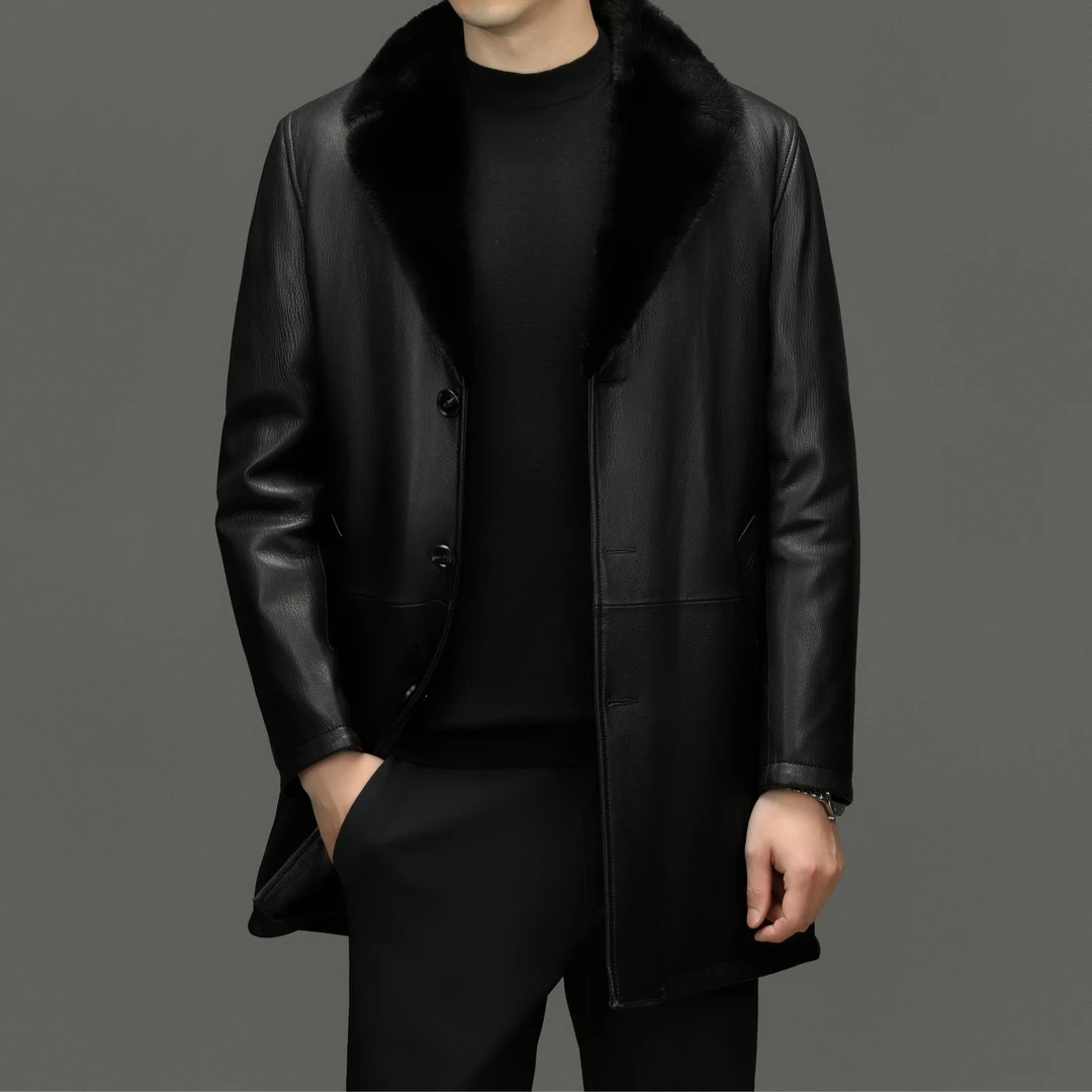 头层山羊皮秋冬季高档男士真皮中长款加绒皮风衣皮大衣内里水貂毛