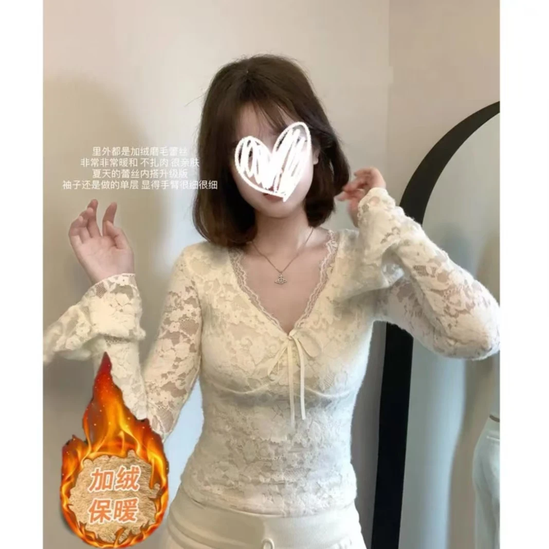 【甜欲因子】秋冬显瘦升级磨毛加厚蕾丝花边内搭打底上衣