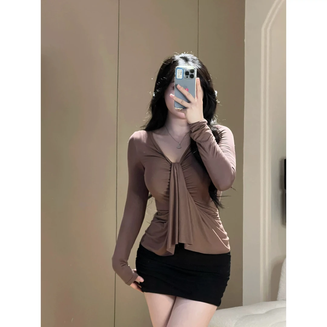 v领飘带长袖T恤女性感收腰修身内搭高级感气质纯欲风上衣秋季新款