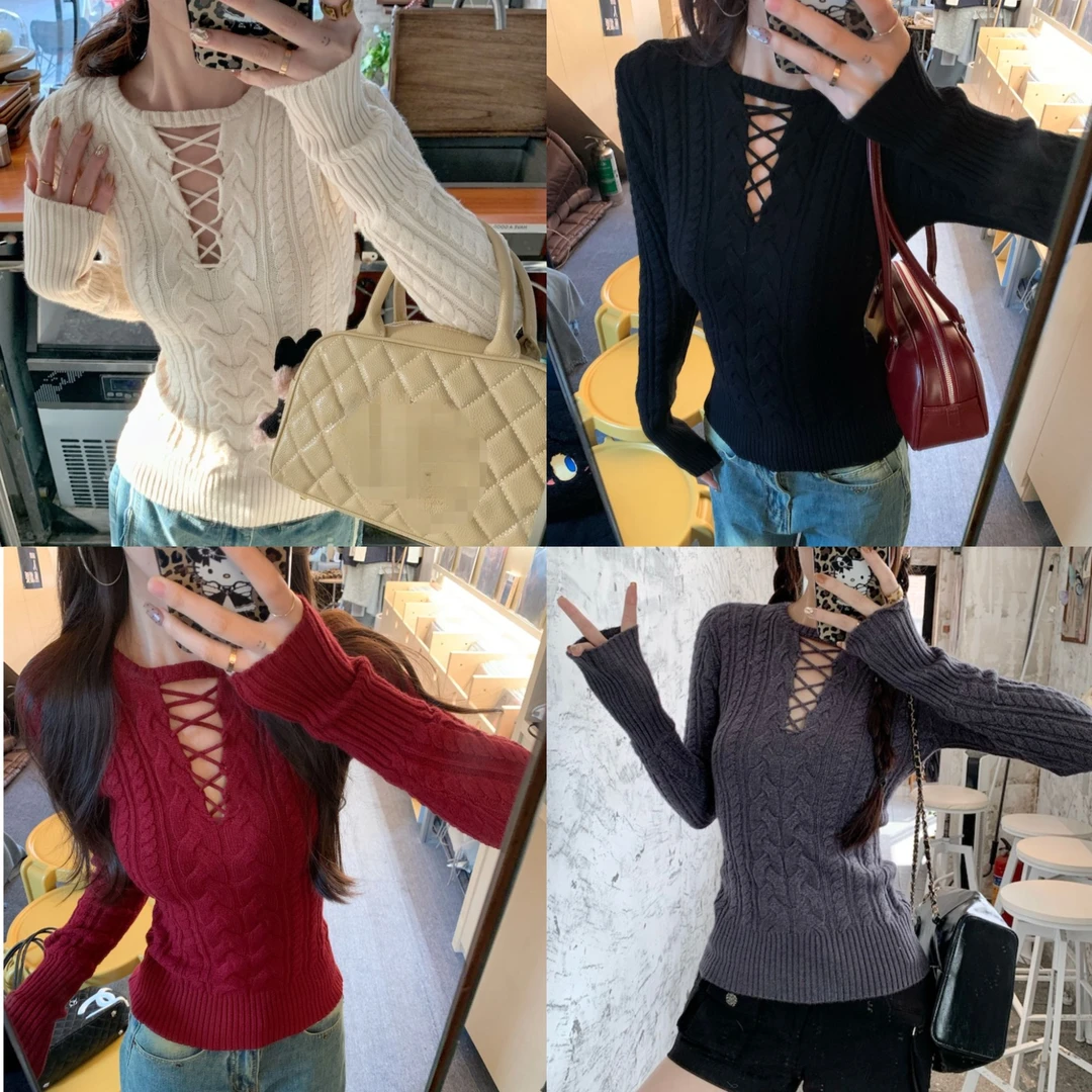 【多色现货发】麻花镂空收腰显瘦打底毛衣女秋冬修身内搭针织上衣