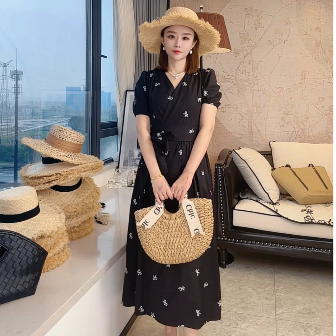 善总【缪斯】100棉 黑底白花系带连衣裙AN24X2783
