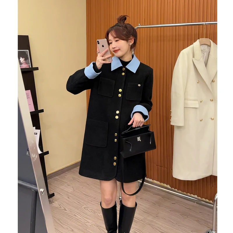 大嘻嘻嘻 夹羽绒小香风毛呢连衣裙女秋冬装韩版高级感加厚裙子