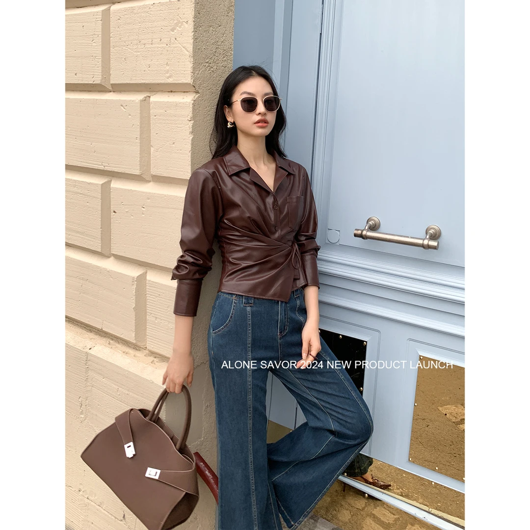 【ALONE SAVOR】墨尔本，极简时髦感交叠绑带亚光环保皮衬衫9012