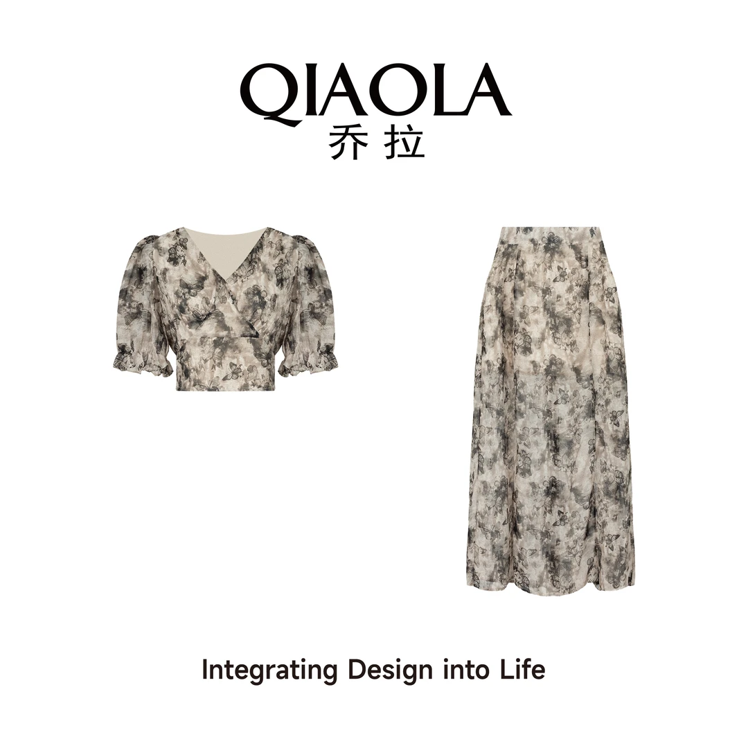 QIAOLA/乔拉【蝶色梦影】夏款雪纺印花V领轻奢法式中式时尚套装