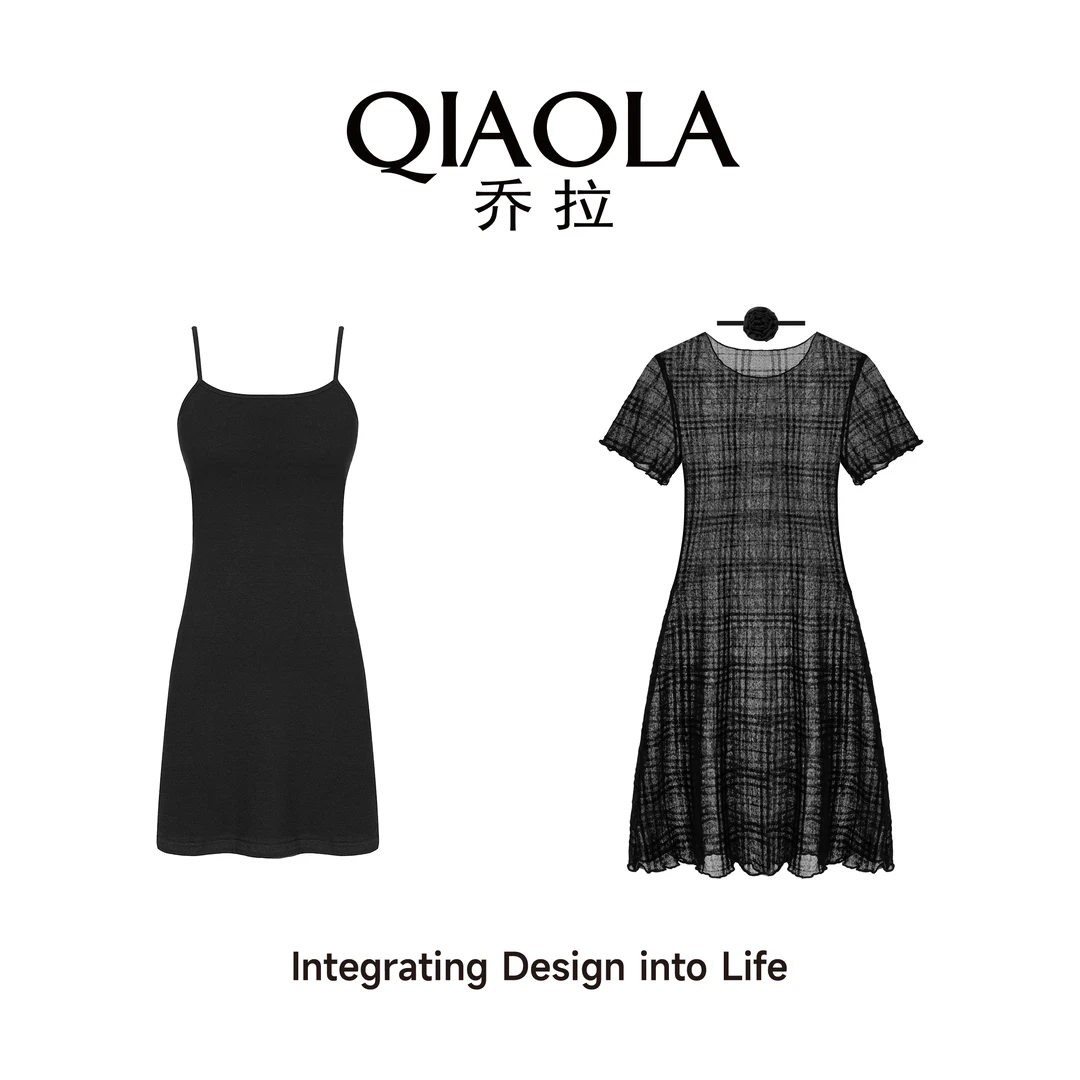 QIAOLA/乔拉【黑金谜语】夏季格纹网纱复古A版遮肉显瘦裙子