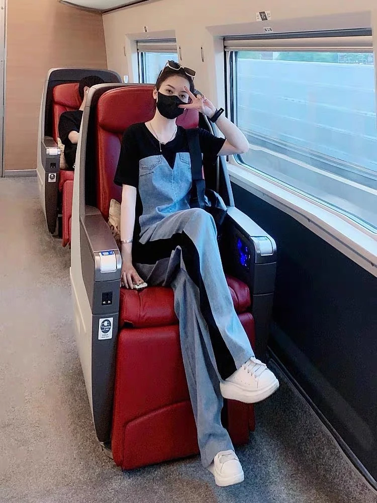 M复古拼色短袖直筒拖地裤两件套TA178